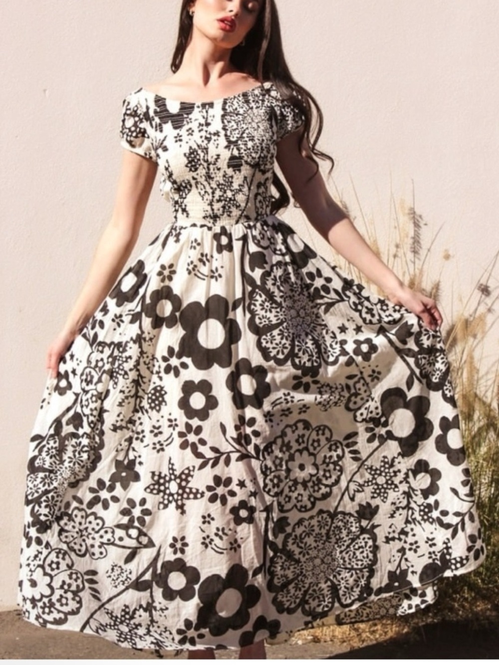 Free People Ultraviolet Black & White Floral Off-Shoulder Maxi Dress